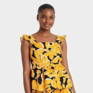 Who What Wear Black and Yellow Floral Tank Top Size XS